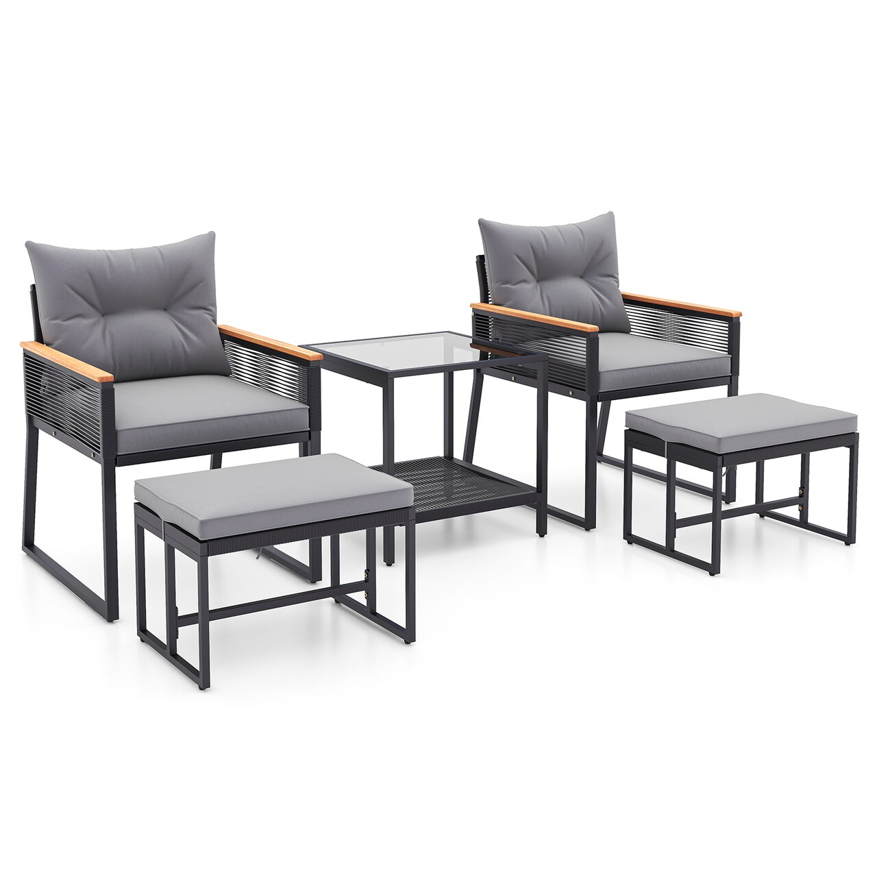5 Piece Black Rattan Outdoor Patio Set with Grey Cushions and Coffee Table